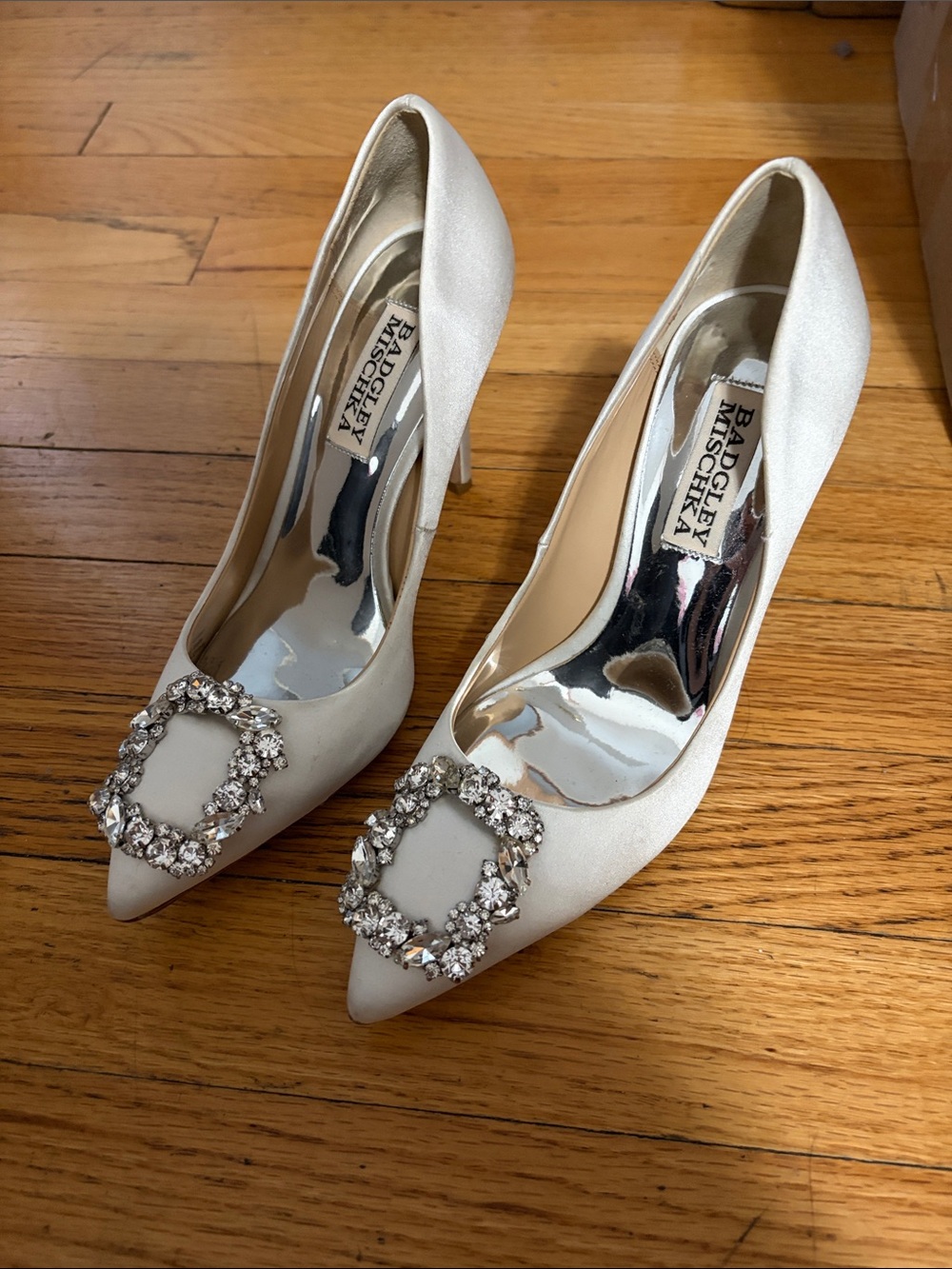 Badgley Mischka Satin Ivory Pointed Toe Heels with Crystal Embellishment